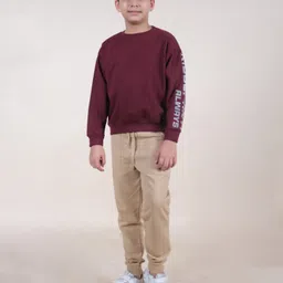 Kiddopanti Fleece Full Sleeves Brand Name Printed Cut & Sew Sweatshirt With Solid Joggers Set - Maroon & Beige-picture-48