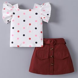 Mark & Mia Half Frill Sleeves Polka Dots Printed Top & Skirt Set Fabric Belt - White & Burgundy-image-68