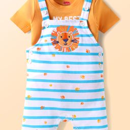 Babyhug Single Jersey Knit Half Sleeves T-Shirt & Dungaree with Text Print Stripes & Lion Patch - White & Orange-picture-12
