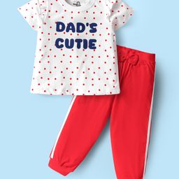 Doodle Poodle 100% Cotton Knit Half Sleeves Text Printed T-Shirt & Lounge Pant Set with Tape Detailing - White & Red-picture-26