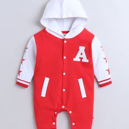 BUMZEE Cotton Knit Full Sleeves Front Open Hooded Romper with Stars Print - Red-image-48