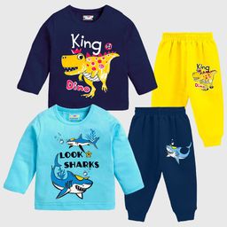 KUCHIPOO Cotton Blend Pack Of 2 Full Sleeves Dinosaur & Shark Printed Tees & Joggers Set - Yellow & Navy Blue-picture-4