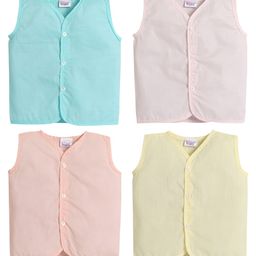 Little Angels Cotton Pack Of 4 Sleeveless Solid Jhablas - Pink Blue & Yellow-image-52