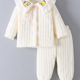 Mark & Mia Full Sleeves Front Open Winter Wear Night Suit With Birds Detailing - Cream-image-45
