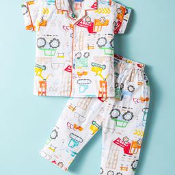 Enfance Core Cotton Woven Half Sleeves Construction Vehicles Printed Coordinating Night Suit Set - Orange-image-14