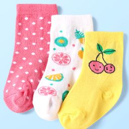 Cute Walk By Babyhug Knit Ankle Length Anti Bacterial Socks With Polka Dot & Fruit Design Pack of 3 - Yellow White & Pink-picture-15