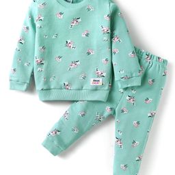 Simply Looper Knit Full Sleeves Co-ords Night Suit With Floral Print - Sea Green-image-43