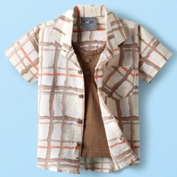Dapper Dudes Half Sleeves Checked Shirt With Attached Tee - Brown-image-21