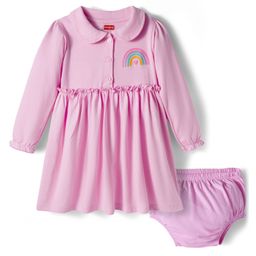 Babyhug Single Jersey Woven Full Sleeves Frock With Bloomers With Rainbow Print - Pink-picture-1
