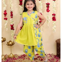 BownBee Pure Cotton Woven Sleeveless Monkeys Printed Gota Lace Embellished Dhoti Kurti Set - Yellow-picture-5