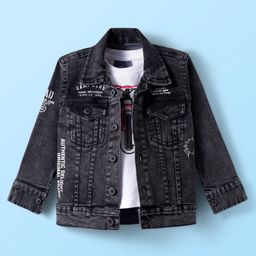 Dapper Dudes Full Sleeves Mild Washed & Typography Printed Denim Jacket With Tee Set - Black-picture-28