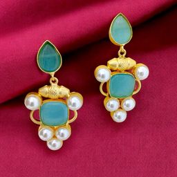 TISHUL JEWELS Gold-Plated Artificial Stones Studded & Beaded Classic ShapedDrop Earrings-14
