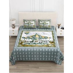 JAIPUR FABRIC 180 Tc Cotton King Size Circus Printed Flat Bed Sheet With 2 Pillow Covers Blue-picture-23