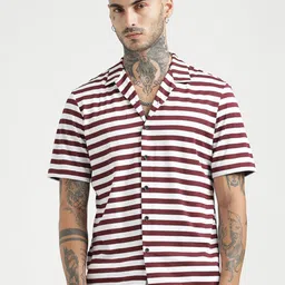 Blu MNKY Horizontal Striped Spread Collar Short Sleeves Relaxed Slim Fit Shirt-picture-21