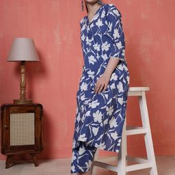 SZN Women Blue & White Floral Printed Cotton V-Neck Kurta & Trouser Co-ords-picture-44