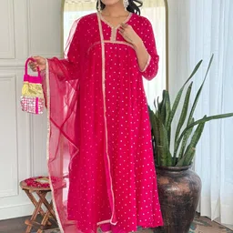 sweetpel Women Bandhani Embroidered Anarkali Kurta with Trousers & Dupatta-picture-19