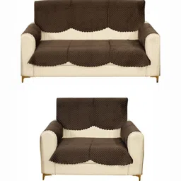 Fashion Throw Coffee Brown 8 Pieces Checked 5-Seater Velvet Sofa Cover With Arms-image-49