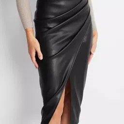 Alamode By Akanksha Black Meredith Statement Leather Midi Skirt-picture-33