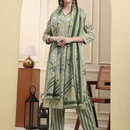 Yufta Women Floral Embroidered Thread Work Pure Cotton Kurta with Trousers & Dupatta-image-80