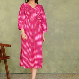 Label Ceres Women Checked V-Neck Midi Fit & Flare Dress-image-98