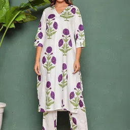 AUTUMN LANE Women Floral Printed Cotton Kurta with Trousers-picture-40
