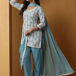 Khushal K Women Paisley Printed Regular Straight Above Knee Kurta with Palazzos & Dupatta-picture-47