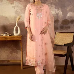 Indo Era Women Floral Embroidered Round Neck Sequinned Kurta with Trousers & Dupatta-image-45