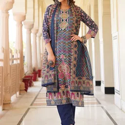 AHIKA Women Striped Printed Kurta with Trousers & Dupatta-10