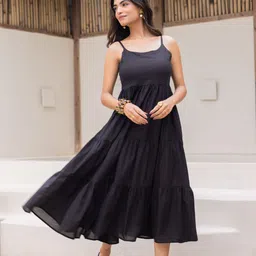 Ambraee Women Black Tiered Fit & Flare Midi Dress-picture-23