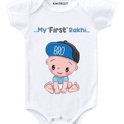 KNITROOT My First Rakhi Print Half Sleeves Onesie - White-image-57