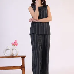 W Striped Round Neck Pure Cotton Top With Trousers-image-84