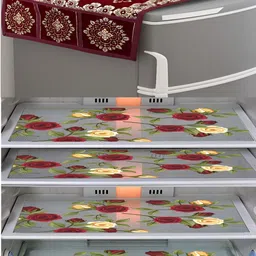 Dakshya Industries 5Pcs Red & Maroon Floral Printed Fridge Mats & Top Cover-image-19