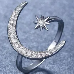 Zoey Unisex Silver-Plated Zircon-Studded Half Moon & Star Shaped Adjustable Finger Ring-46