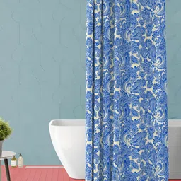 ArtzFolio White & Blue Ethnic Motifs Printed Waterproof Shower Curtain-image-94