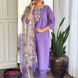 KALINI Floral Yoke Design Thread Work Straight Kurta With Trousers & Dupatta-image-37