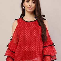 Raabta Fashion Polka Dot Print Cold-Shoulder Georgette Top-image-87