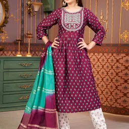BAESD Girls Floral Printed Thread Work Kurta With Trouser And Dupatta-image-43