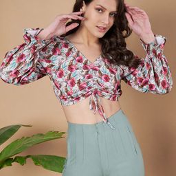 Moda Rapido Floral Print Puff Sleeve Velvet Blouson Crop Top-image-15