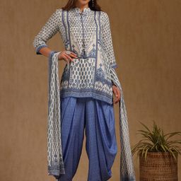 Soch Floral Printed Mandarin Collar Muslin Straight Kurti With Dhoti Pants & Dupatta-30