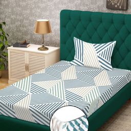 KLOTTHE Green & White Geometric Printed 300 TC Fitted Single Bedsheet Set 2.25m x 1.50m-16