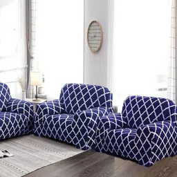 GIFTS ISLAND Blue & White Printed Polyester 3 Piece Sofa Cover With Arms-image-68