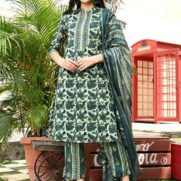 KALINI Women Floral Printed Regular Pure Cotton Kurta with Trousers & With Dupatta-image-19