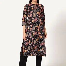 Saffron Threads Floral Printed Mandarin Collar Brocade Lace Pure Cotton Straight Kurta-14