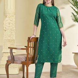 KALINI Floral Embroidered Thread Work Straight Kurta With Trousers-image-50