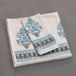 Peepul Tree 2 pcs Off White & Blue Block Printed Cotton Hand & Bath Towel Set-26