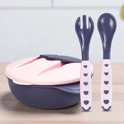 Compact 3in1 Baby Feeding Bowl Set with Lid, Spoon & Fork - Plastic, Food Grade Plastic - BPA Free , Latex Free-32