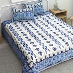 Adwitiya Blue & White Ethnic Motifs 220 TC Pure Cotton Queen Bedsheet Set 2.41 m x 2.74 m-image-15