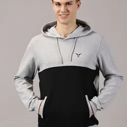 LEON Men Colourblocked Hooded Ribbed Pullover Sweatshirt-image-20