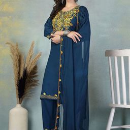 Clora Creation Floral Embroidered Thread Work Kurta with Trousers & Dupatta image 5