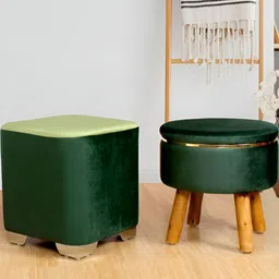 Shadowkart Set Of 2 Teal-Green & Brown Velvet Wooden Ottomans-42